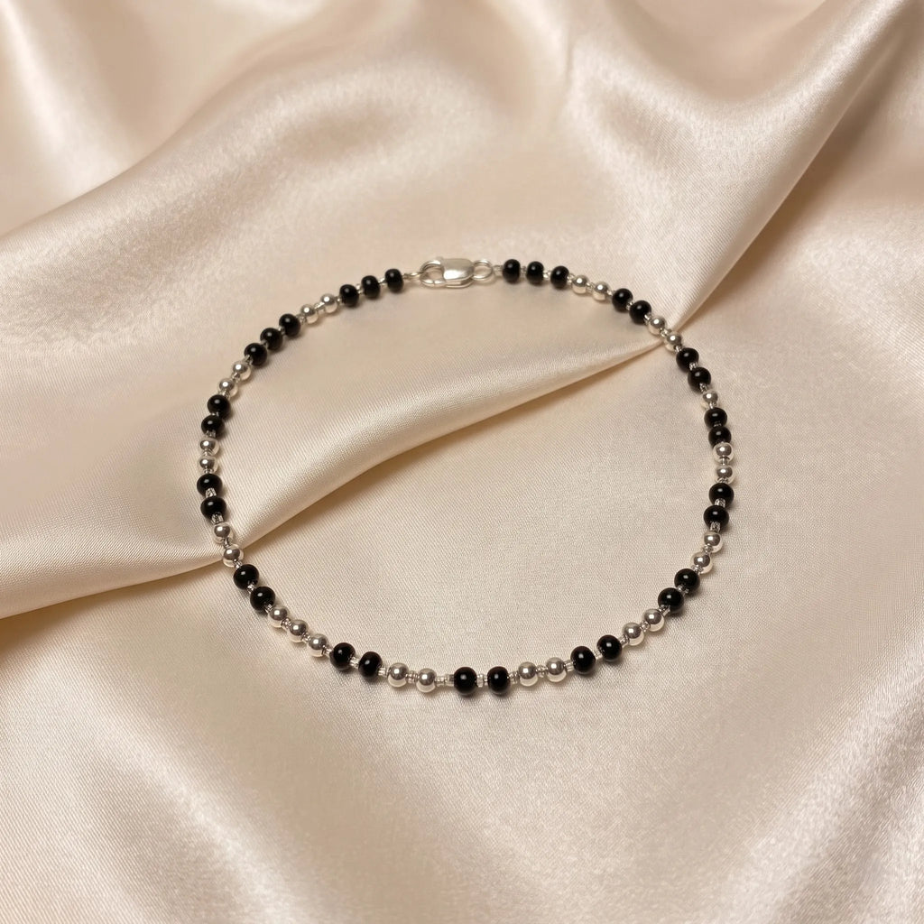 Marvel Silver Midnight Black Bead Silver Anklet for women and girls with alternating black and silver bead design