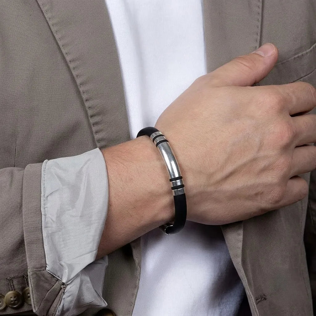 Marvel Silver Midnight Bold Silver Bar Bracelet for boys with black band and silver accents