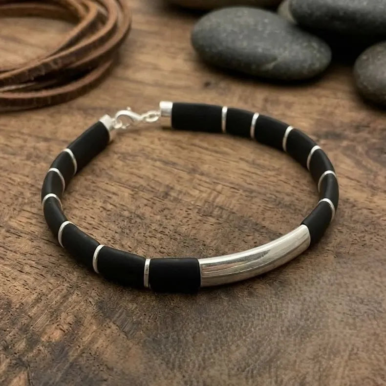 Marvel Silver Midnight Edge Silver Bar Bracelet for boys with black band and silver accent detailing