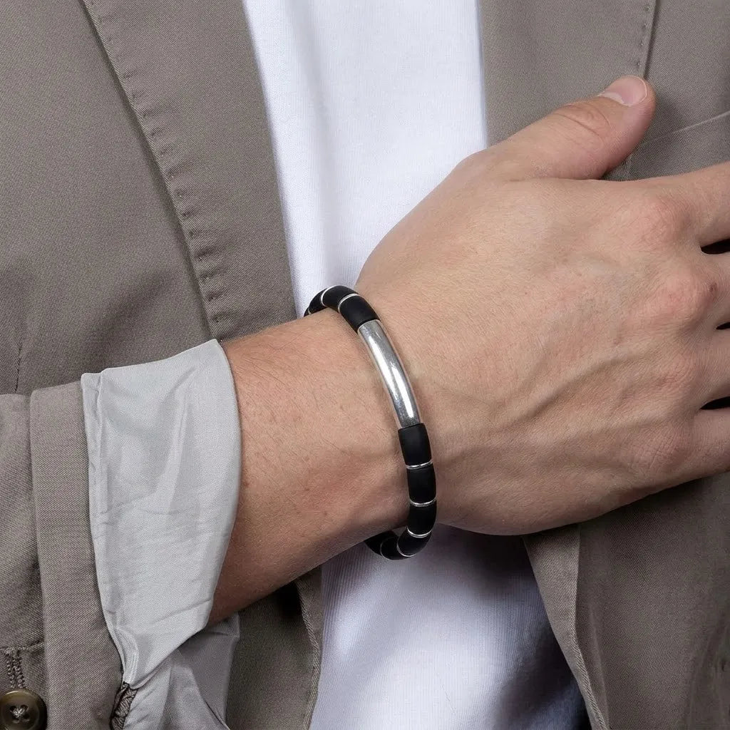 Marvel Silver Midnight Edge Silver Bar Bracelet for boys with black band and silver accent detailing