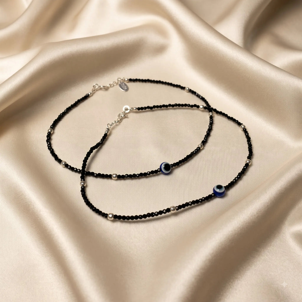 Marvel Silver Midnight Evil Eye Black Bead Silver Anklet for women and girls with blue evil eye motif, black beads and silver bead accents
