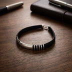 Marvel Silver Midnight Ribbed Silver Bracelet for boys with black band, curved silver center bar and ribbed silver accents