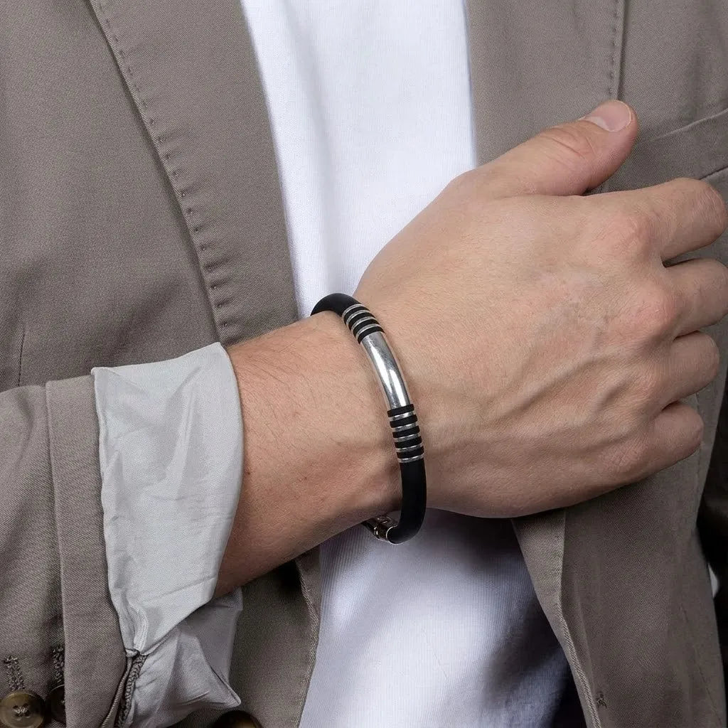Marvel Silver Midnight Ribbed Silver Bracelet for boys with black band, curved silver center bar and ribbed silver accents