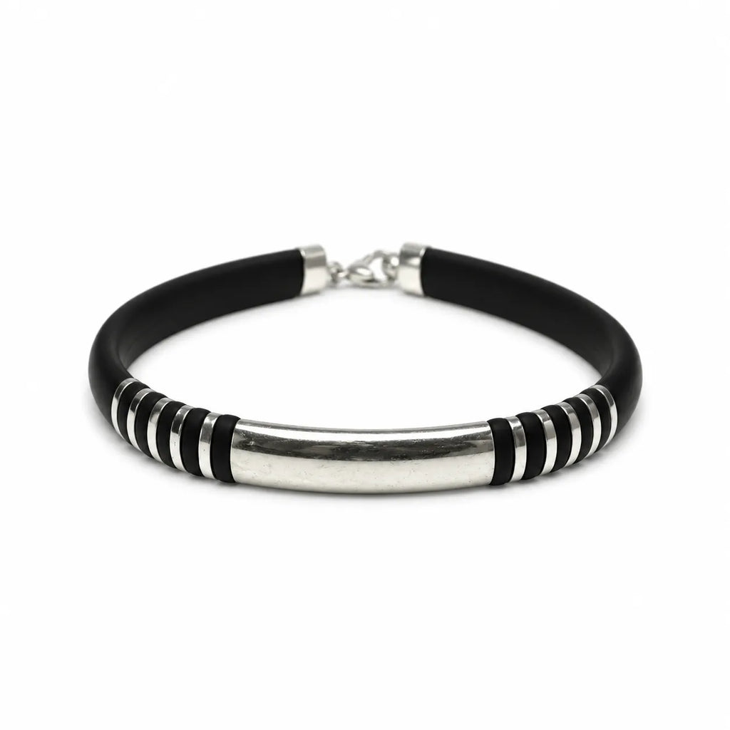 Marvel Silver Midnight Ribbed Silver Bracelet for boys with black band, curved silver center bar and ribbed silver accents