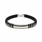 Marvel Silver Midnight Ribbed Silver Bracelet for boys with black band, curved silver center bar and ribbed silver accents