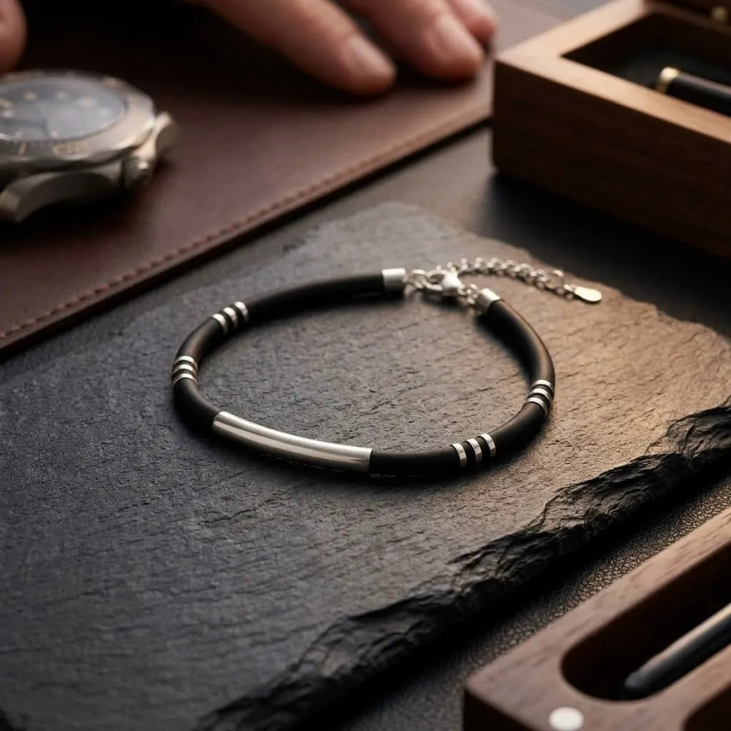 Marvel Silver Midnight Striped Silver Bar Bracelet for girls with black band, silver bar and striped silver accents