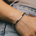 Marvel Silver Midnight Striped Silver Bar Bracelet for girls with black band, silver bar and striped silver accents