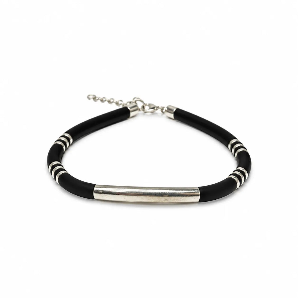 Marvel Silver Midnight Striped Silver Bar Bracelet for girls with black band, silver bar and striped silver accents
