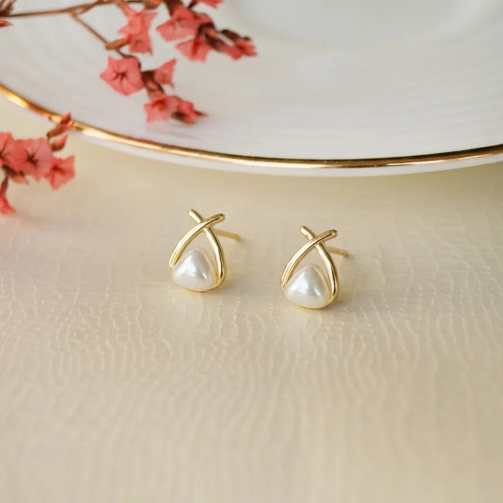 Minimalist Gold Finish Pearl Stud Earrings for Women by Marvel Silver