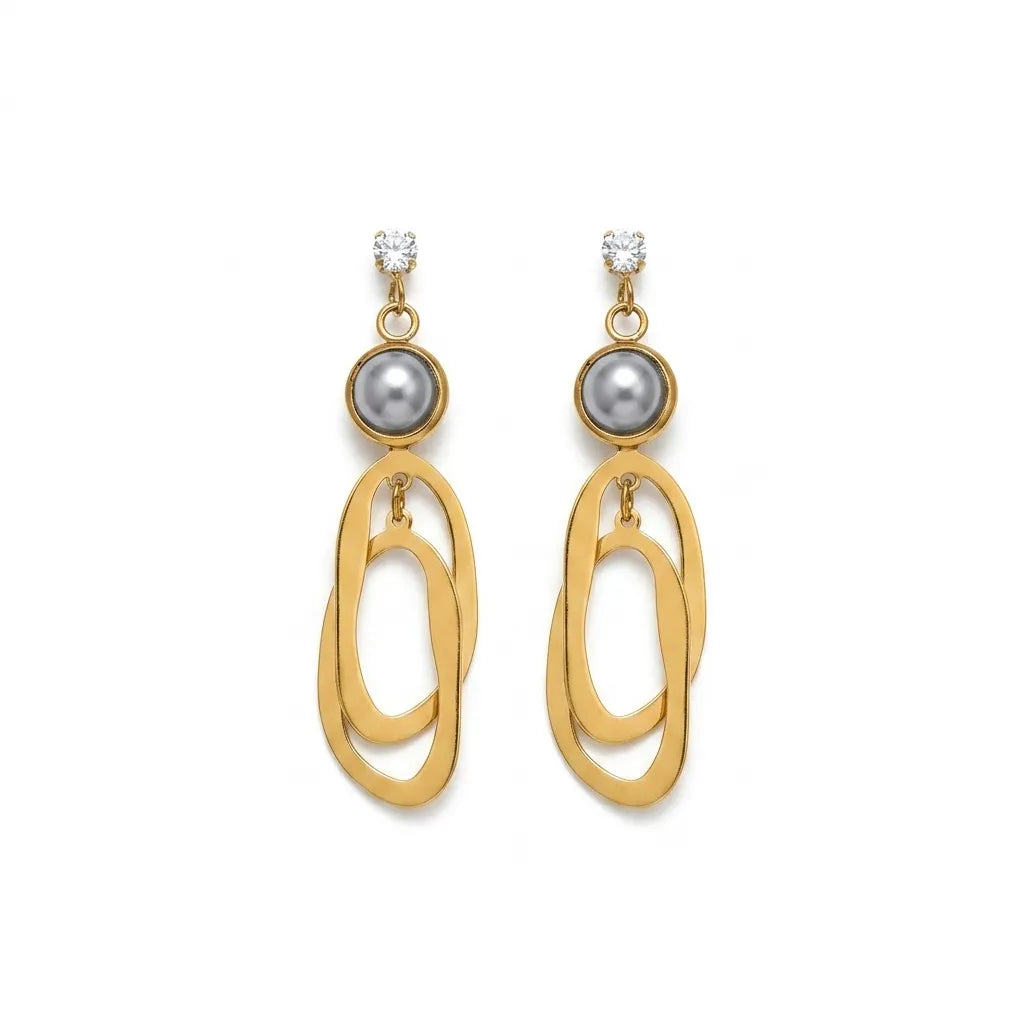 Modern Gold Finish Grey Pearl Geometric Drop Earrings for Women by Marvel Silver