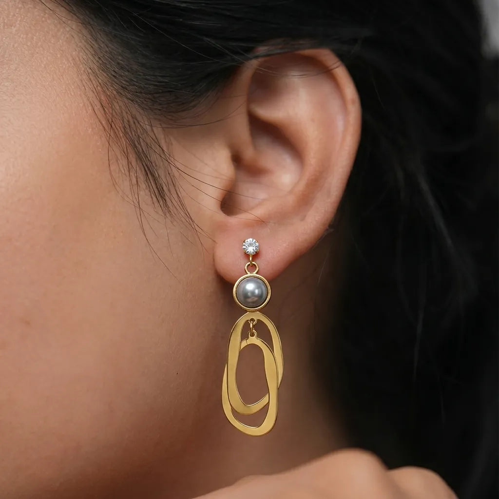 Modern Gold Finish Grey Pearl Geometric Drop Earrings for Women by Marvel Silver