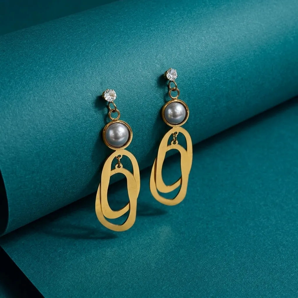 Modern Gold Finish Grey Pearl Geometric Drop Earrings for Women by Marvel Silver