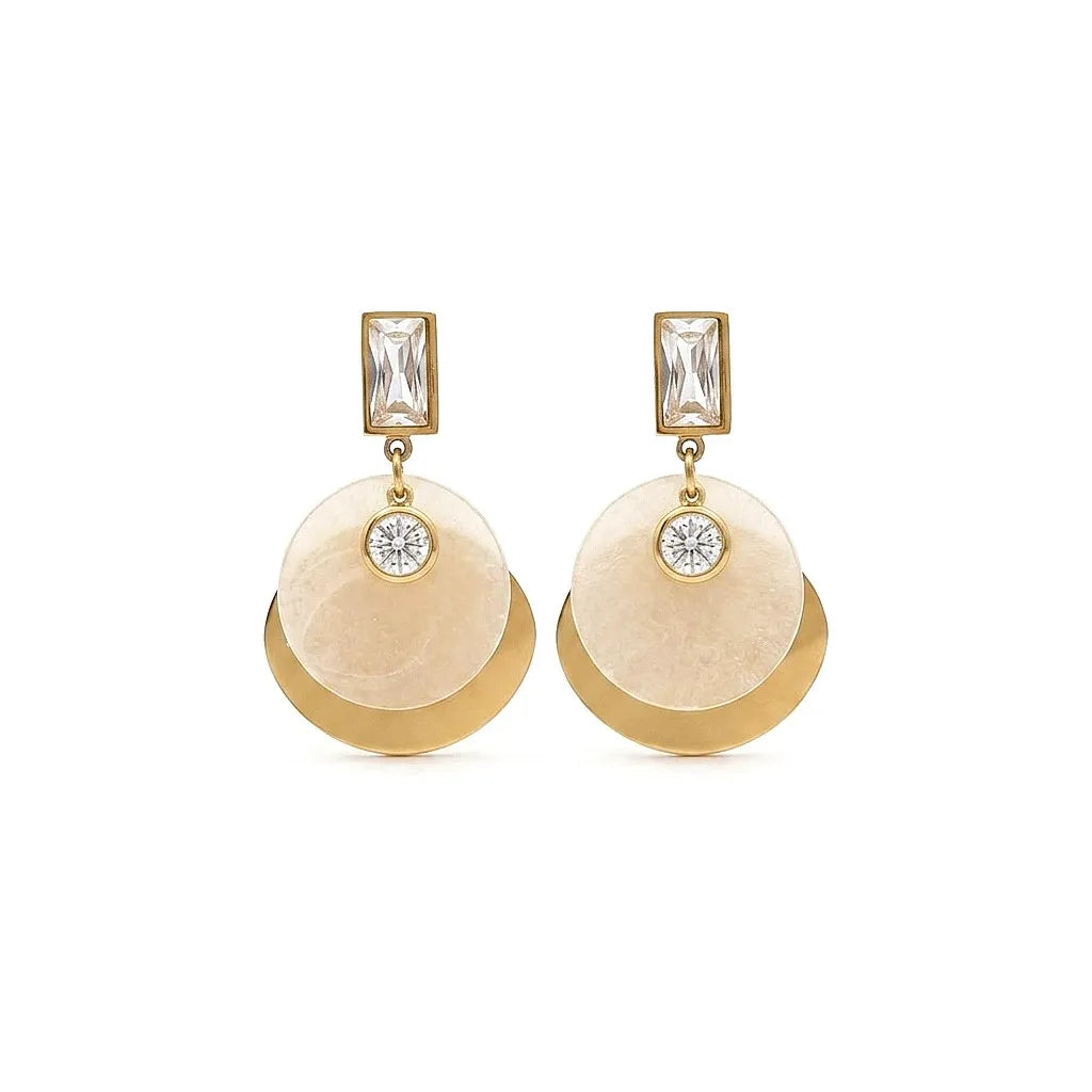 Elegant Mother of Pearl Disc Gold Finish Drop Earrings for Women by Marvel Silver