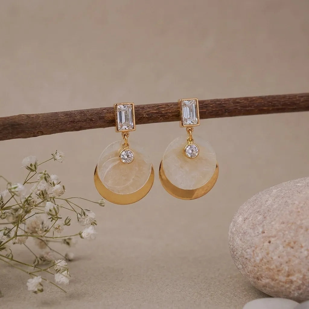 Elegant Mother of Pearl Disc Gold Finish Drop Earrings for Women by Marvel Silver
