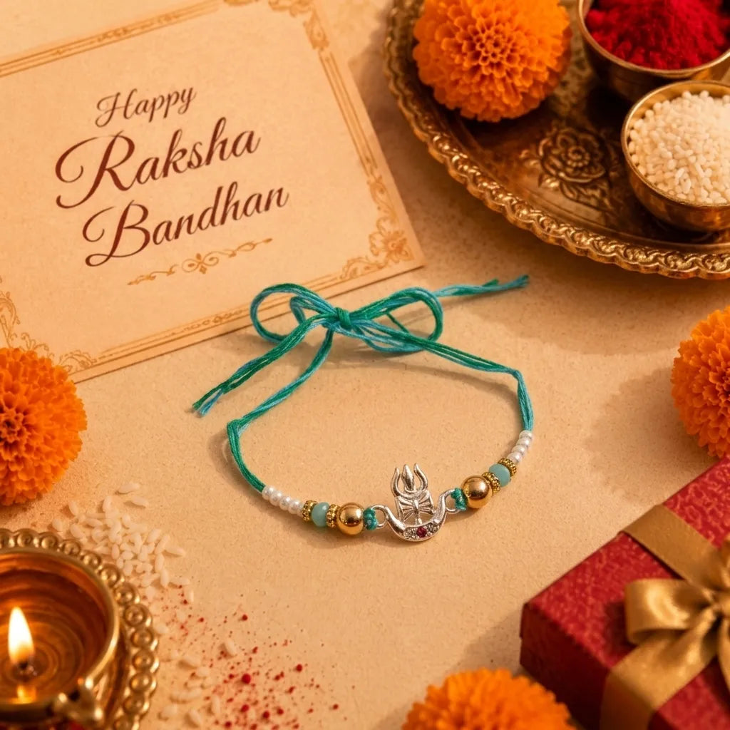 Marvel Silver Om Damru Silver Rakhi with Green Crystal Beads, White Pearl Beads and Silver Om Damru Symbol for Raksha Bandhan