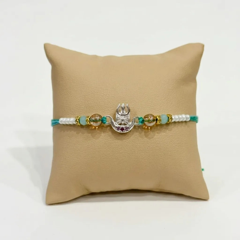 Marvel Silver Om Damru Silver Rakhi with Green Crystal Beads, White Pearl Beads and Silver Om Damru Symbol for Raksha Bandhan