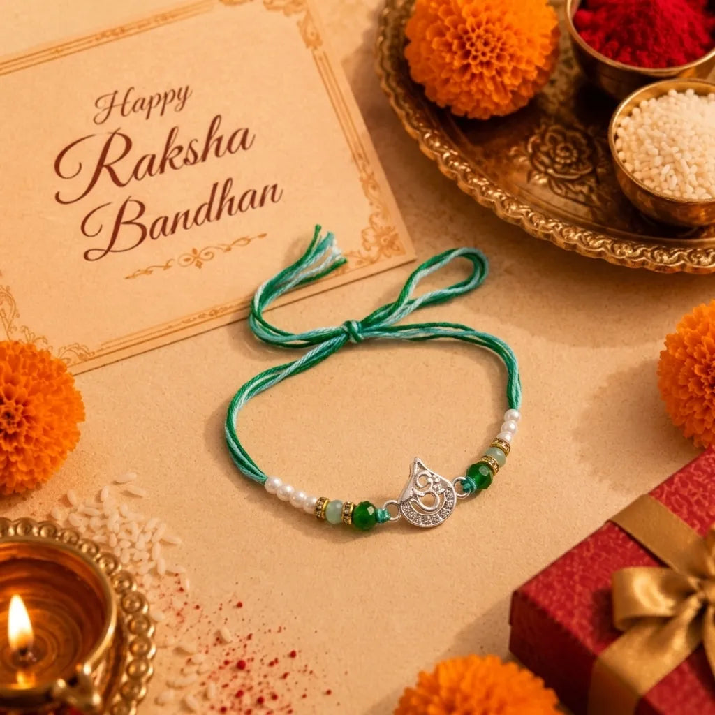 Marvel Silver Om Silver Rakhi with Green Crystal Beads, White Pearl Beads and Sparkling Om Symbol for Raksha Bandhan
