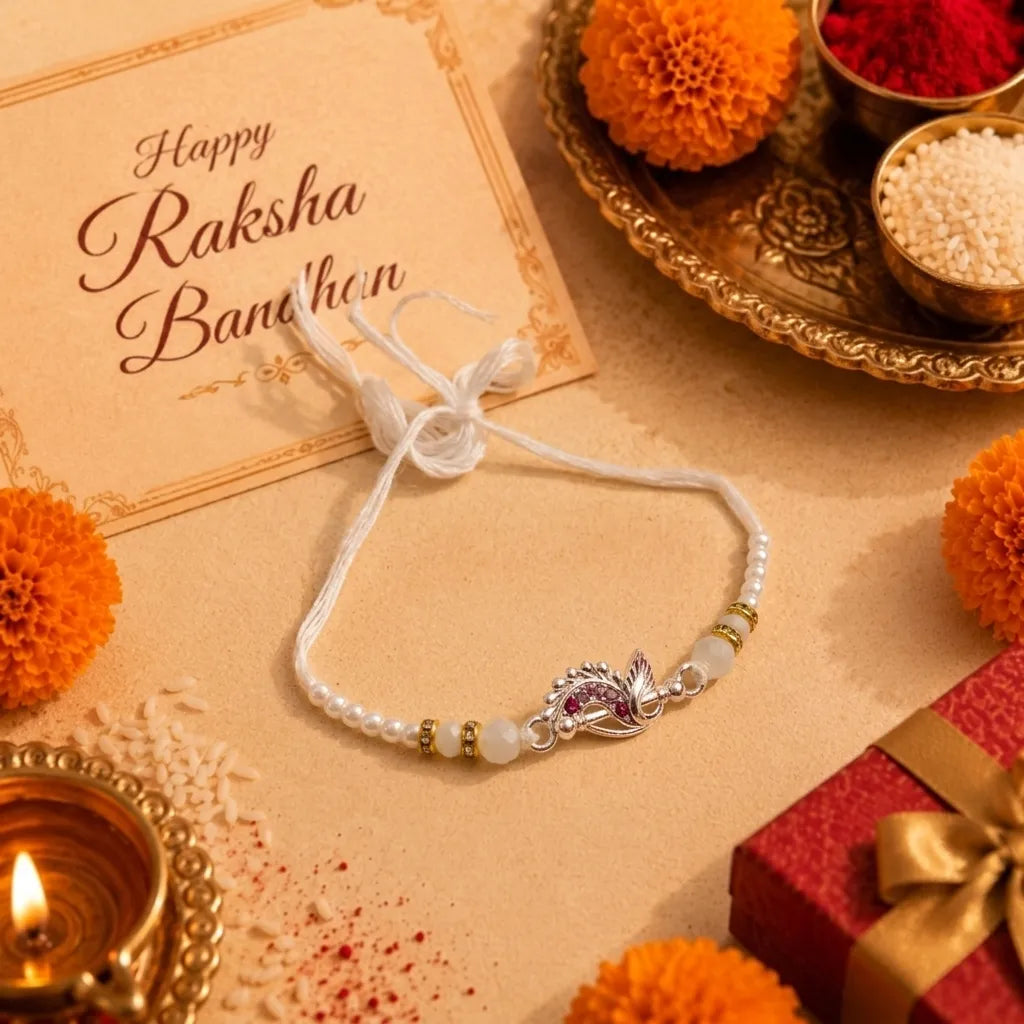 Marvel Silver Peacock Feather Silver Rakhi with Purple CZ Stones, White Crystal Beads and White Pearl Beads for Raksha Bandhan