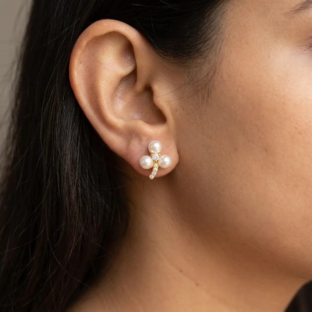 Elegant Pearl Floral Gold Finish CZ Stud Earrings for Women by Marvel Silver