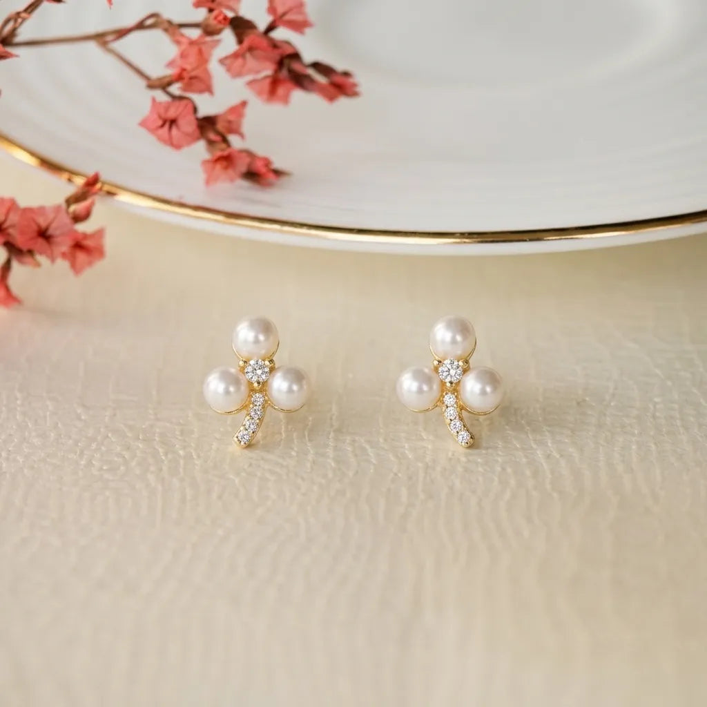 Elegant Pearl Floral Gold Finish CZ Stud Earrings for Women by Marvel Silver