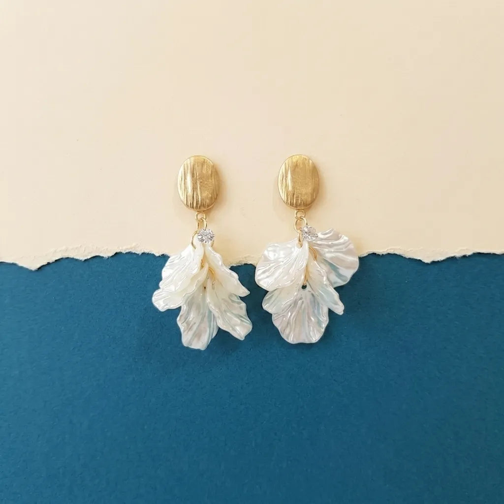 Elegant Mother of Pearl Leaf Gold Finish Drop Earrings for Women by Marvel Silver