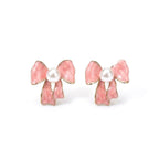 Marvel Silver Pink Enamel Bow Pearl Stud Earrings for Women with Gold-Tone Finish