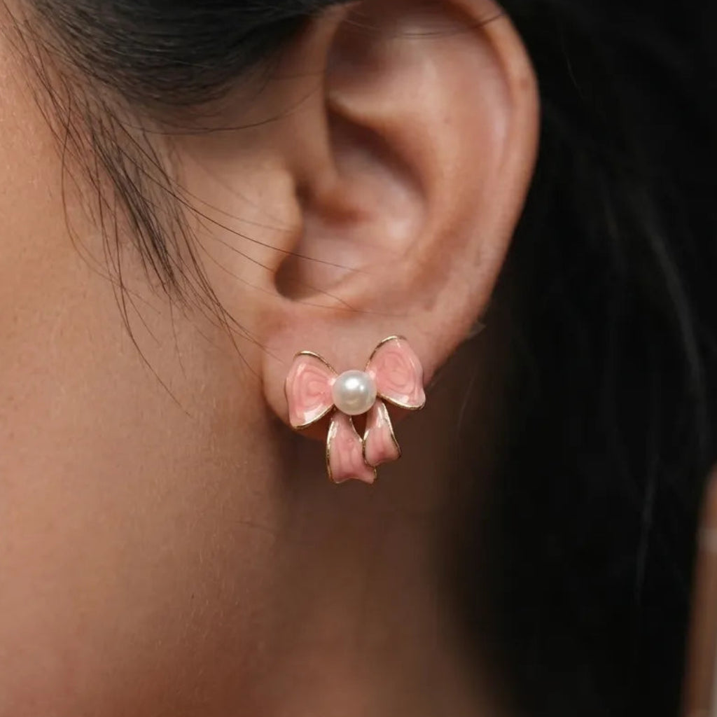 Marvel Silver Pink Enamel Bow Pearl Stud Earrings for Women with Gold-Tone Finish