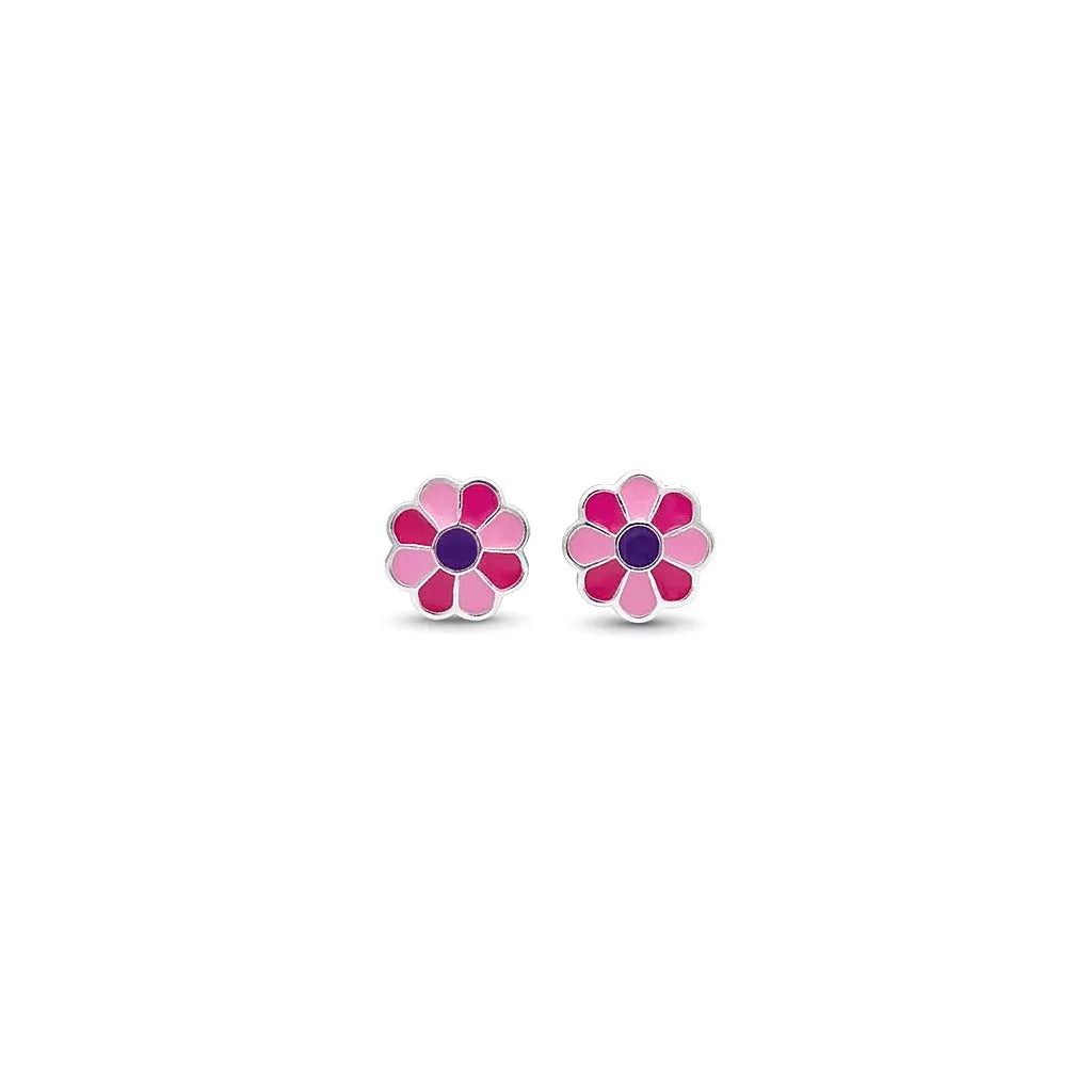 Marvel Silver pink daisy flower stud earrings featuring silver-plated finish, pink enamel petals, and a purple center, perfect for women and girls.
