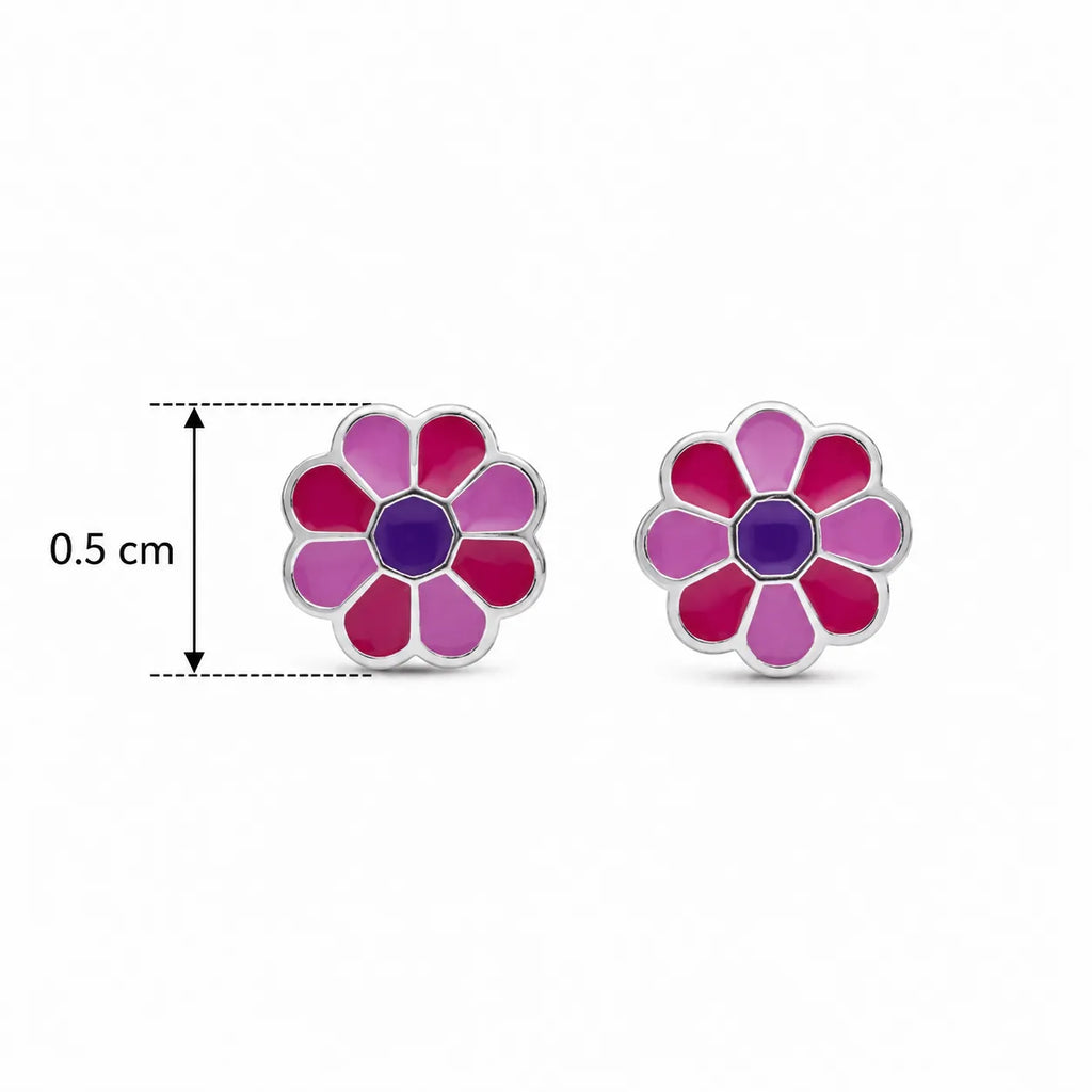 Marvel Silver pink daisy flower stud earrings featuring silver-plated finish, pink enamel petals, and a purple center, perfect for women and girls.