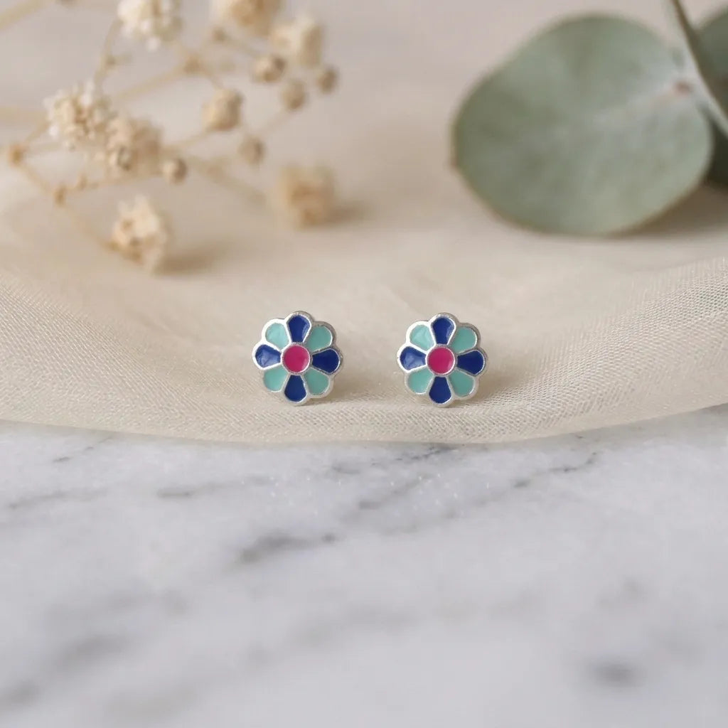 Marvel Silver pink daisy flower stud earrings featuring silver-plated finish, pink enamel petals, and a purple center, perfect for women and girls.