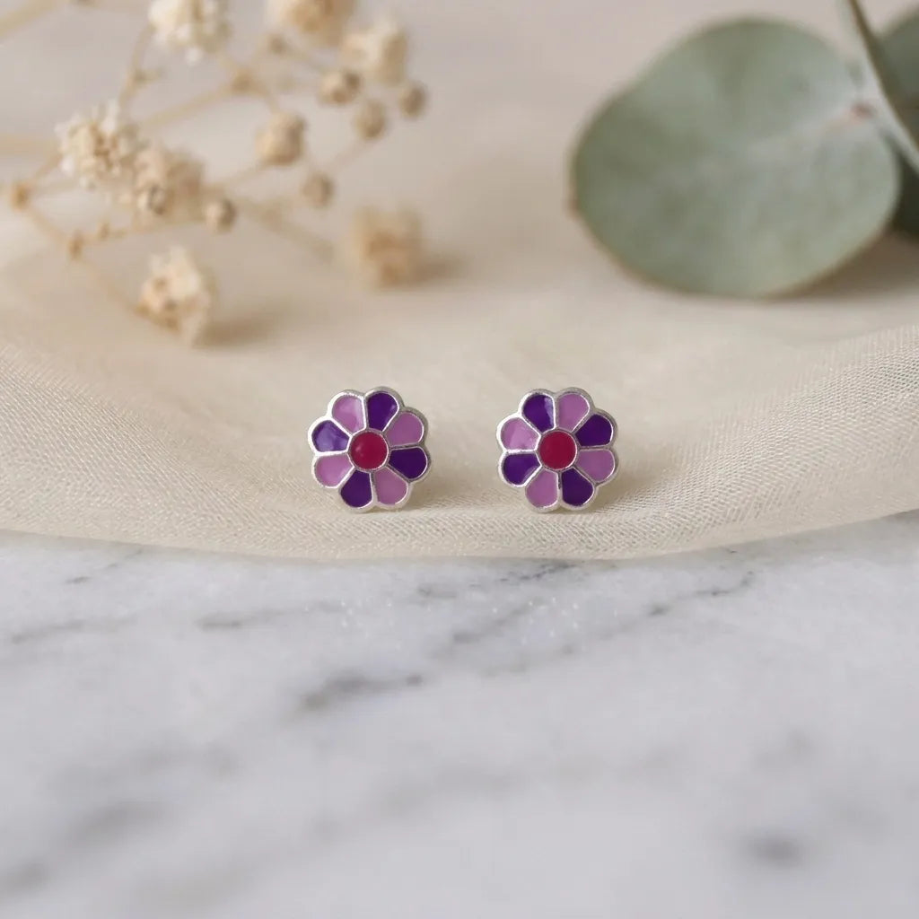 Marvel Silver pink daisy flower stud earrings featuring silver-plated finish, pink enamel petals, and a purple center, perfect for women and girls.