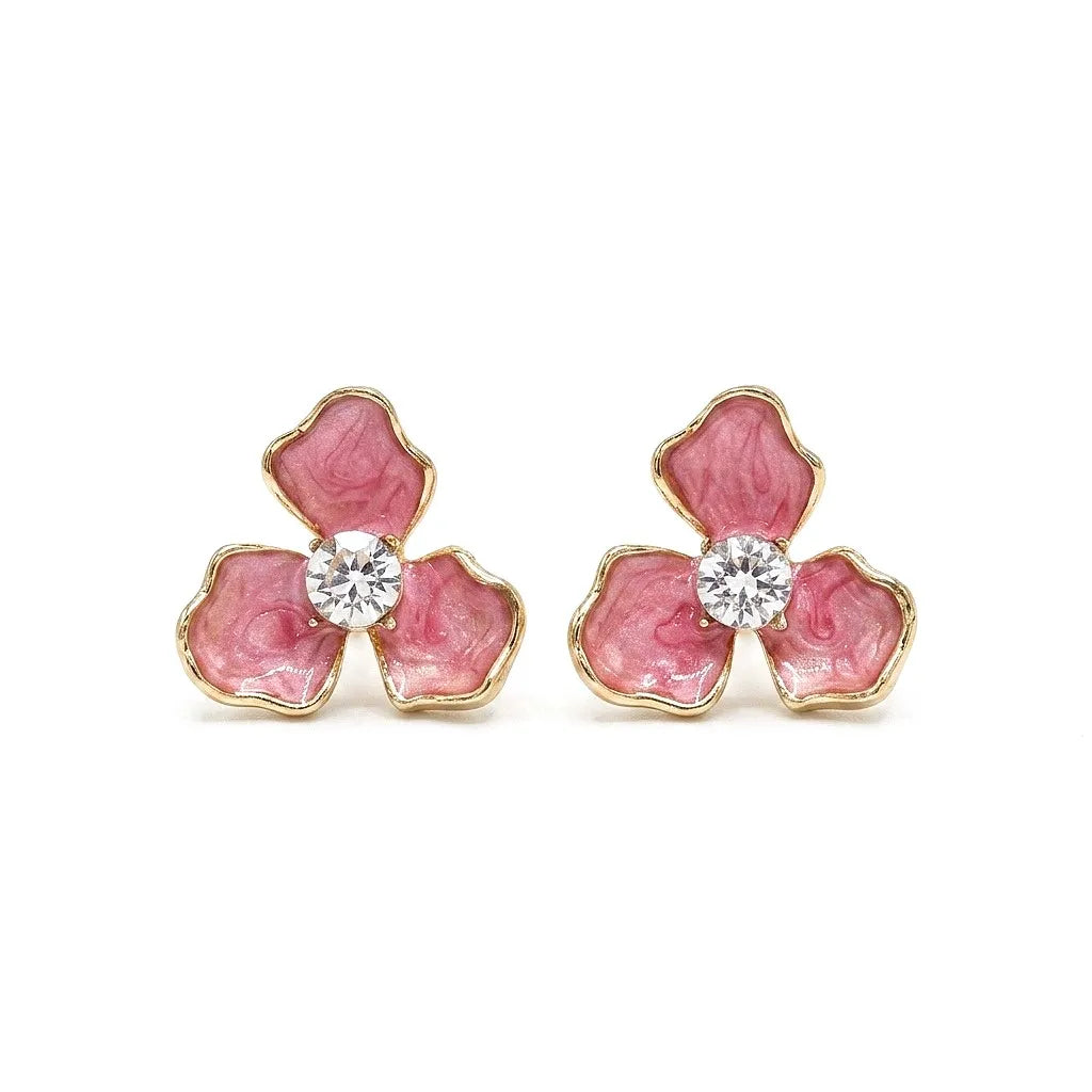 Pink Floral Enamel CZ Gold Finish Stud Earrings for Women by Marvel Silver