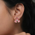 Pink Floral Enamel CZ Gold Finish Stud Earrings for Women by Marvel Silver