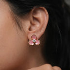 Pink Floral Enamel CZ Gold Finish Stud Earrings for Women by Marvel Silver