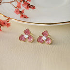 Pink Floral Enamel CZ Gold Finish Stud Earrings for Women by Marvel Silver