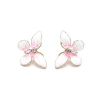 Marvel Silver pink and white floral enamel imitation stud earrings with CZ stones and gold-tone finish for women.