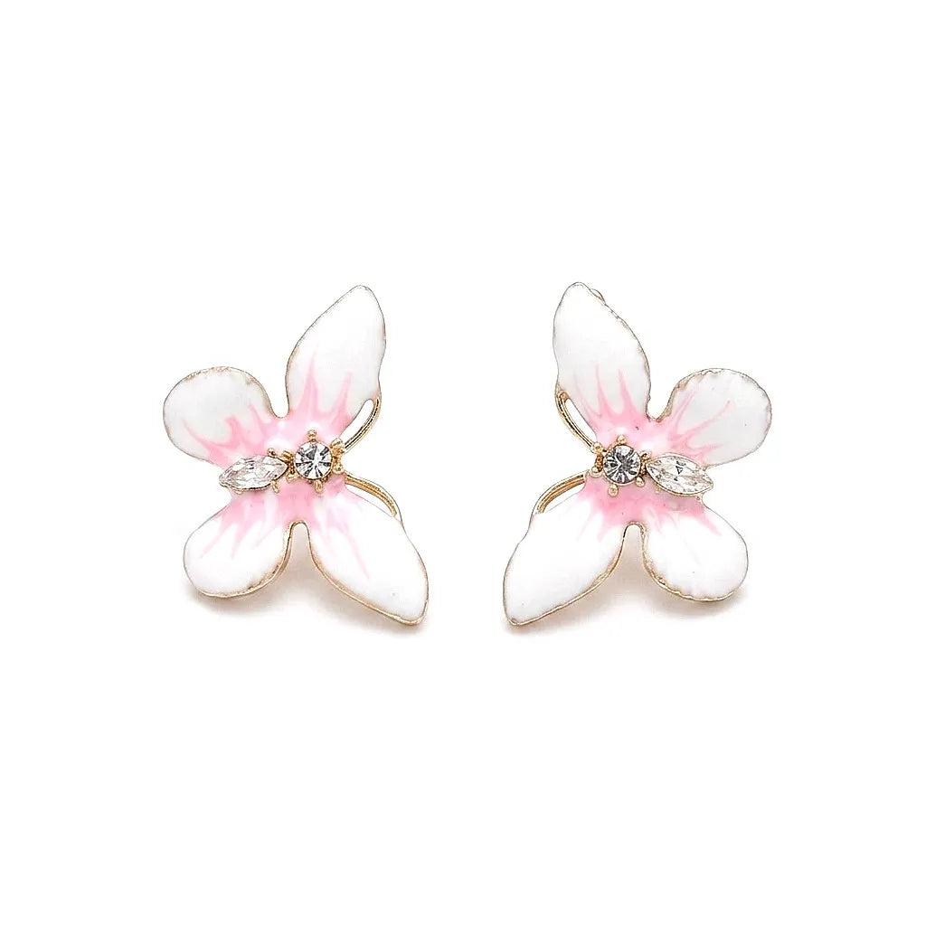 Marvel Silver pink and white floral enamel imitation stud earrings with CZ stones and gold-tone finish for women.