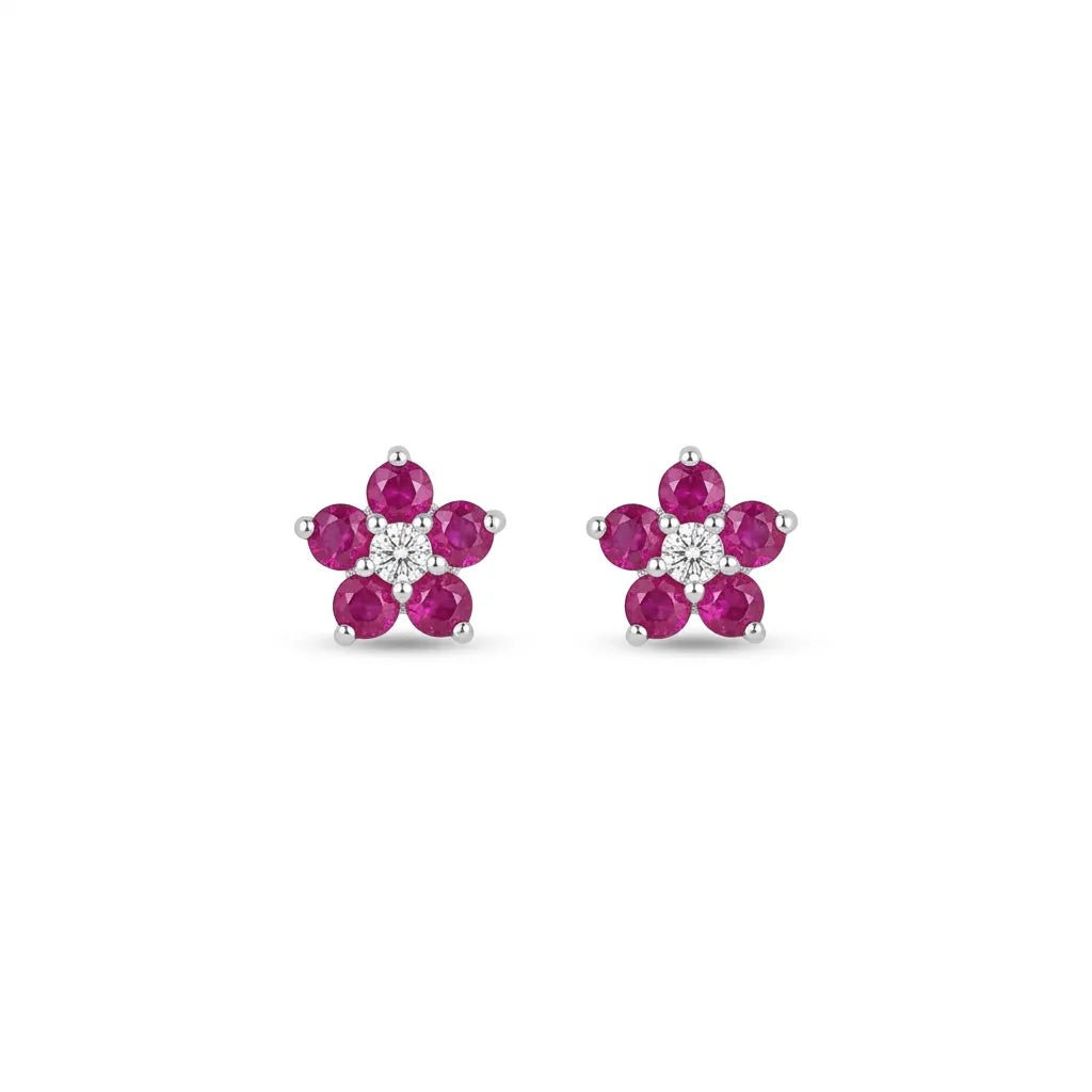Marvel Silver pink floral crystal stud earrings for women and girls featuring sparkling pink petals, a brilliant white center stone, and a premium silver-plated finish.