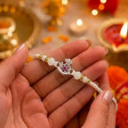 Marvel Silver Premium Silver Rakhi with Pink CZ Stone, White Crystal Beads and White Pearl Beads for Raksha Bandhan