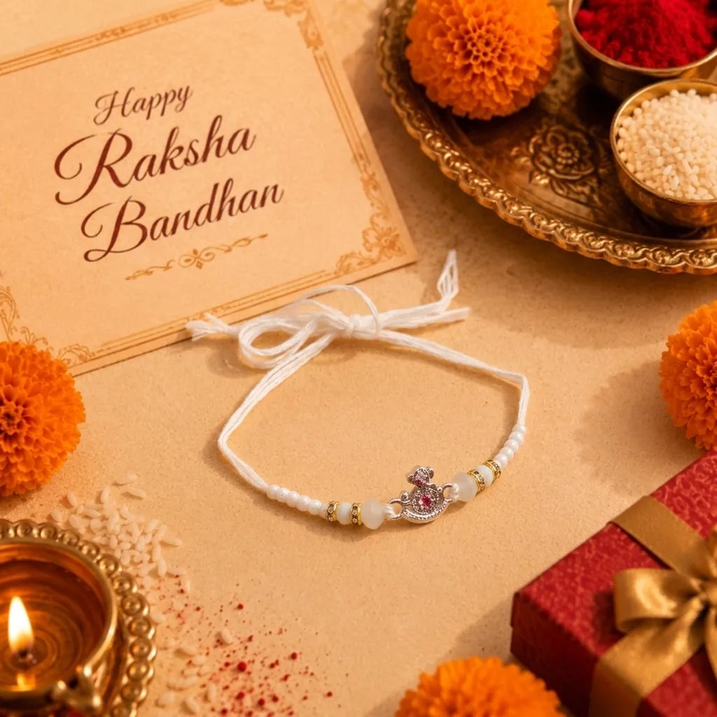 Marvel Silver Premium Silver Rakhi with Pink CZ Stone, White Crystal Beads and White Pearl Beads for Raksha Bandhan