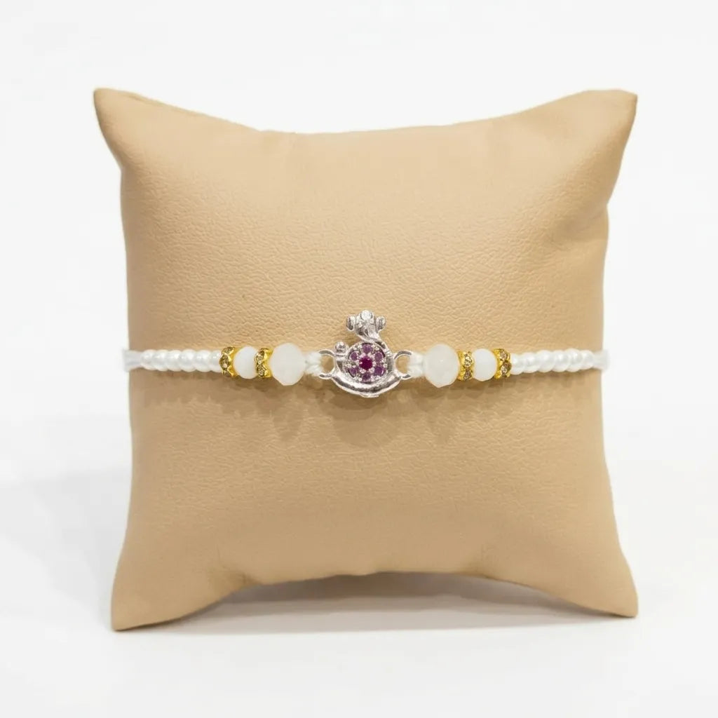 Marvel Silver Premium Silver Rakhi with Pink CZ Stone, White Crystal Beads and White Pearl Beads for Raksha Bandhan