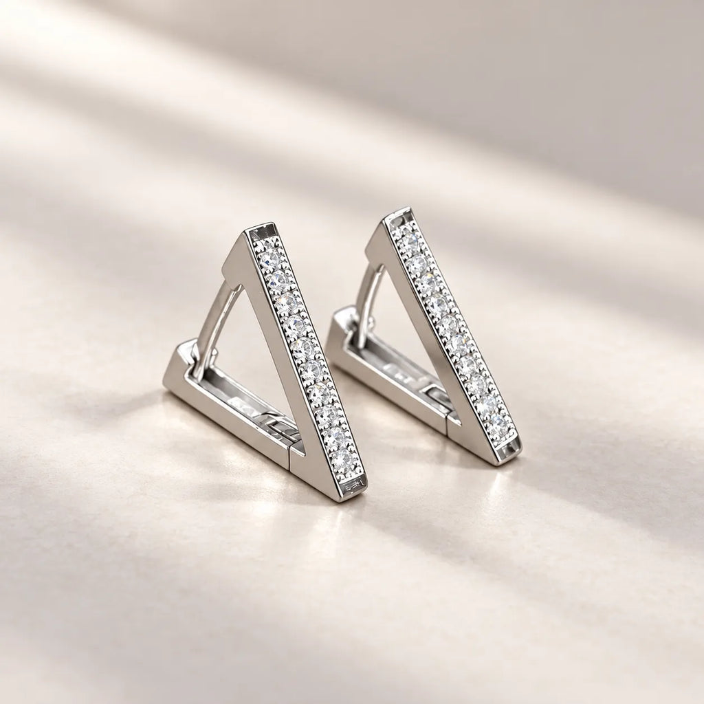 Marvel Silver Prism Edge Stone Silver Triangle Hoop Earrings with Sparkling Stone Design for Women