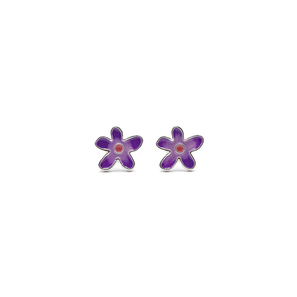 Marvel Silver purple floral enamel stud earrings for women and girls featuring a five-petal flower design with a pink centre and premium silver-plated finish.