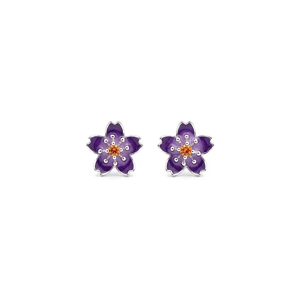Marvel Silver purple floral enamel stud earrings with crystal accents and an amber centre, silver-plated flower earrings for women and girls.