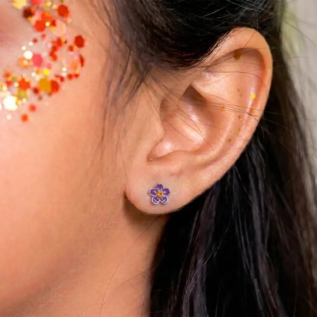 Marvel Silver purple floral enamel stud earrings with crystal accents and an amber centre, silver-plated flower earrings for women and girls.