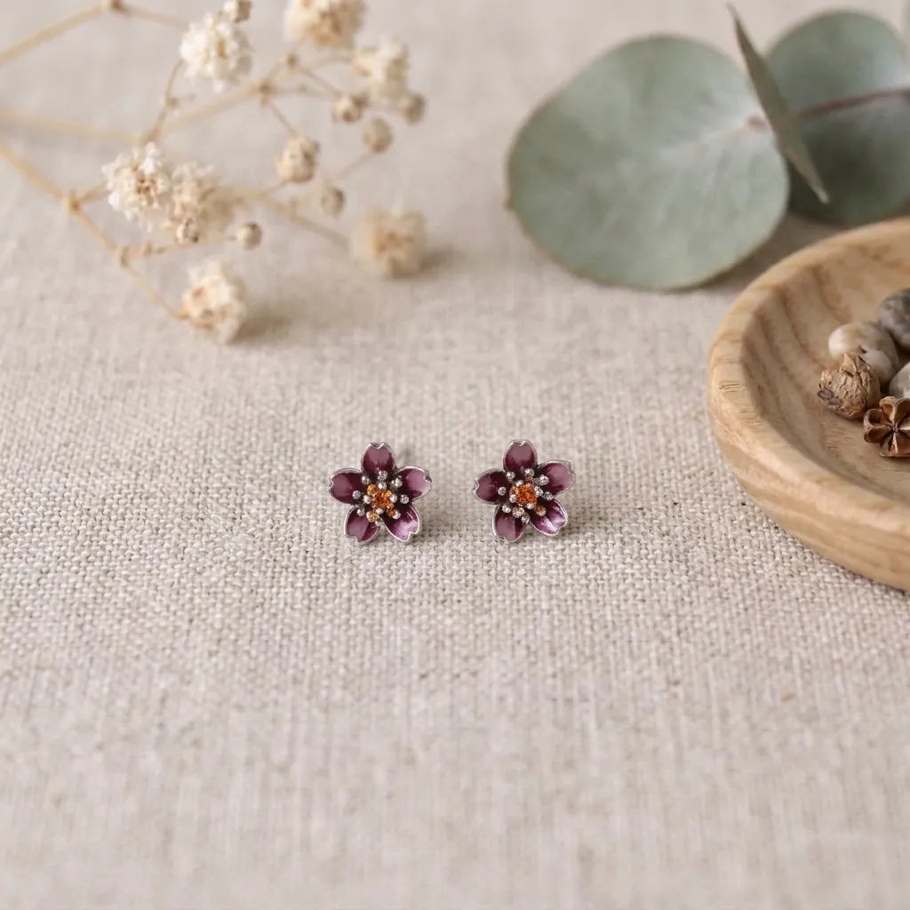 Marvel Silver purple floral enamel stud earrings with crystal accents and an amber centre, silver-plated flower earrings for women and girls.