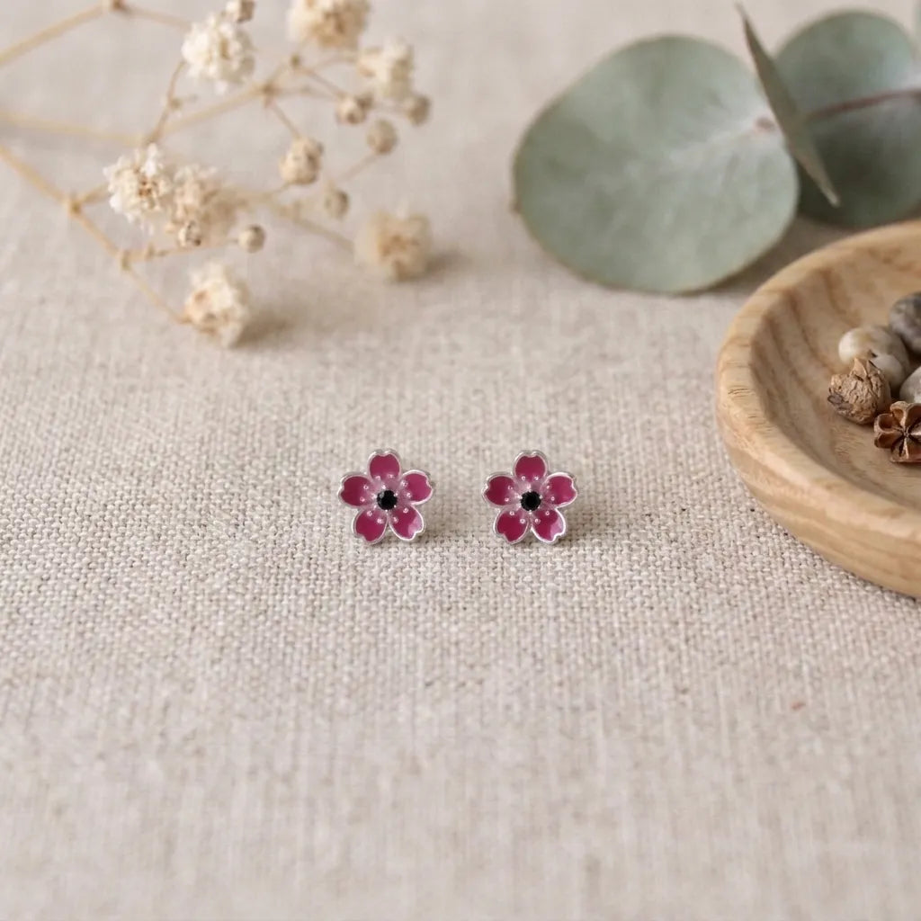 Marvel Silver purple floral enamel stud earrings with crystal accents and an amber centre, silver-plated flower earrings for women and girls.