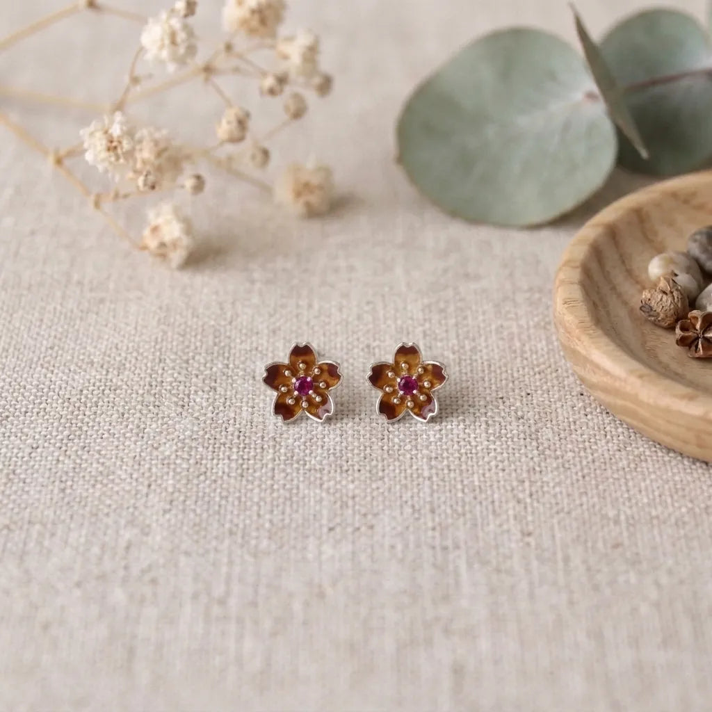 Marvel Silver purple floral enamel stud earrings with crystal accents and an amber centre, silver-plated flower earrings for women and girls.