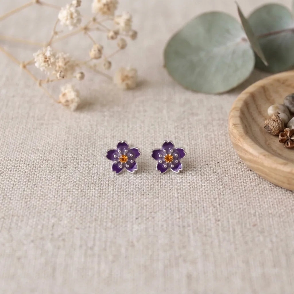 Marvel Silver purple floral enamel stud earrings with crystal accents and an amber centre, silver-plated flower earrings for women and girls.