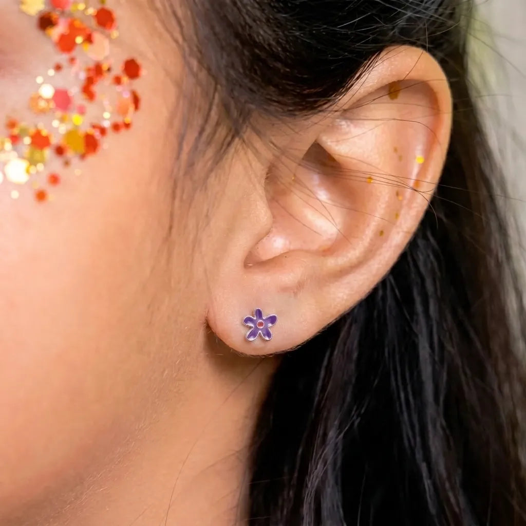 Marvel Silver purple floral enamel stud earrings for women and girls featuring a five-petal flower design with a pink centre and premium silver-plated finish.